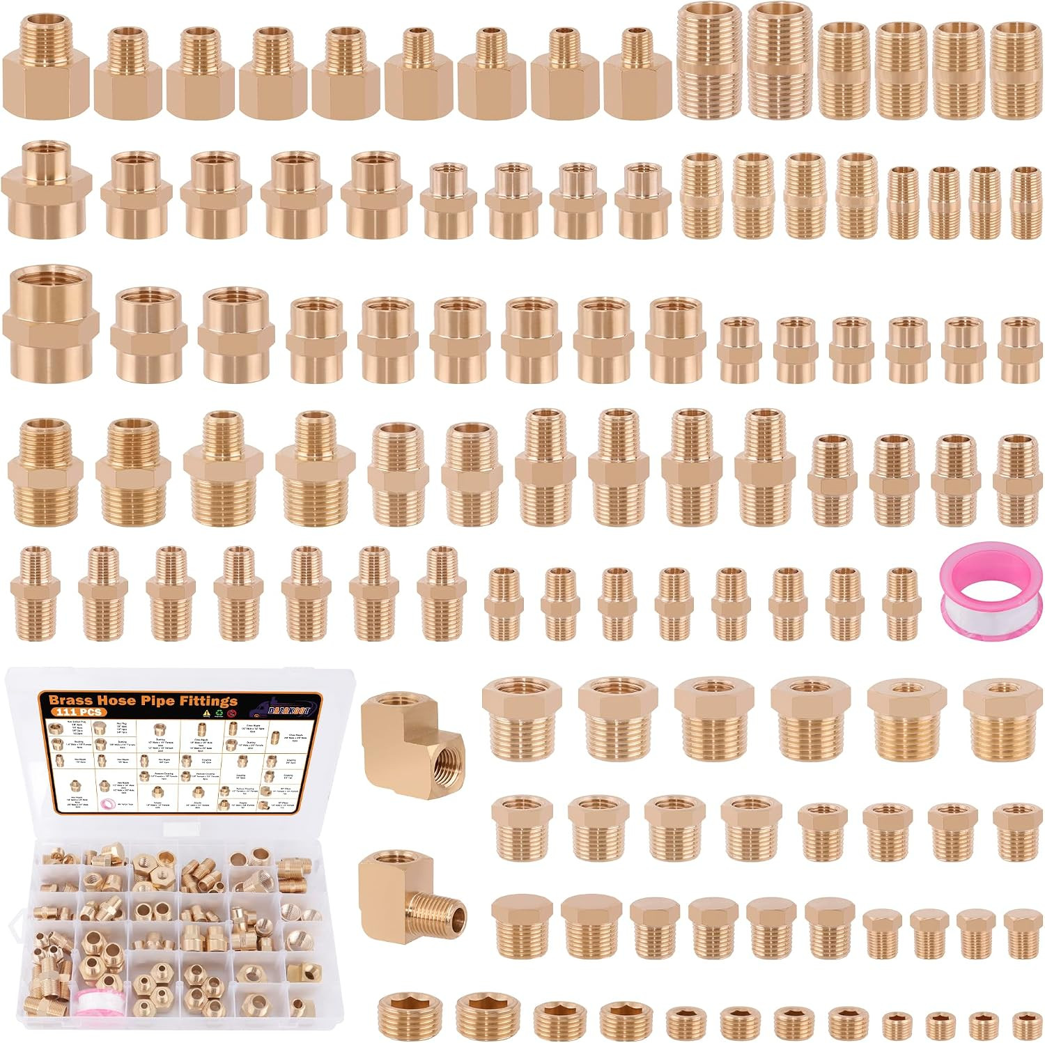 111Pcs Hose Pipe Fitting Assortment Kit, NPT Adapter, Reducer Bushing, Hex Nippl