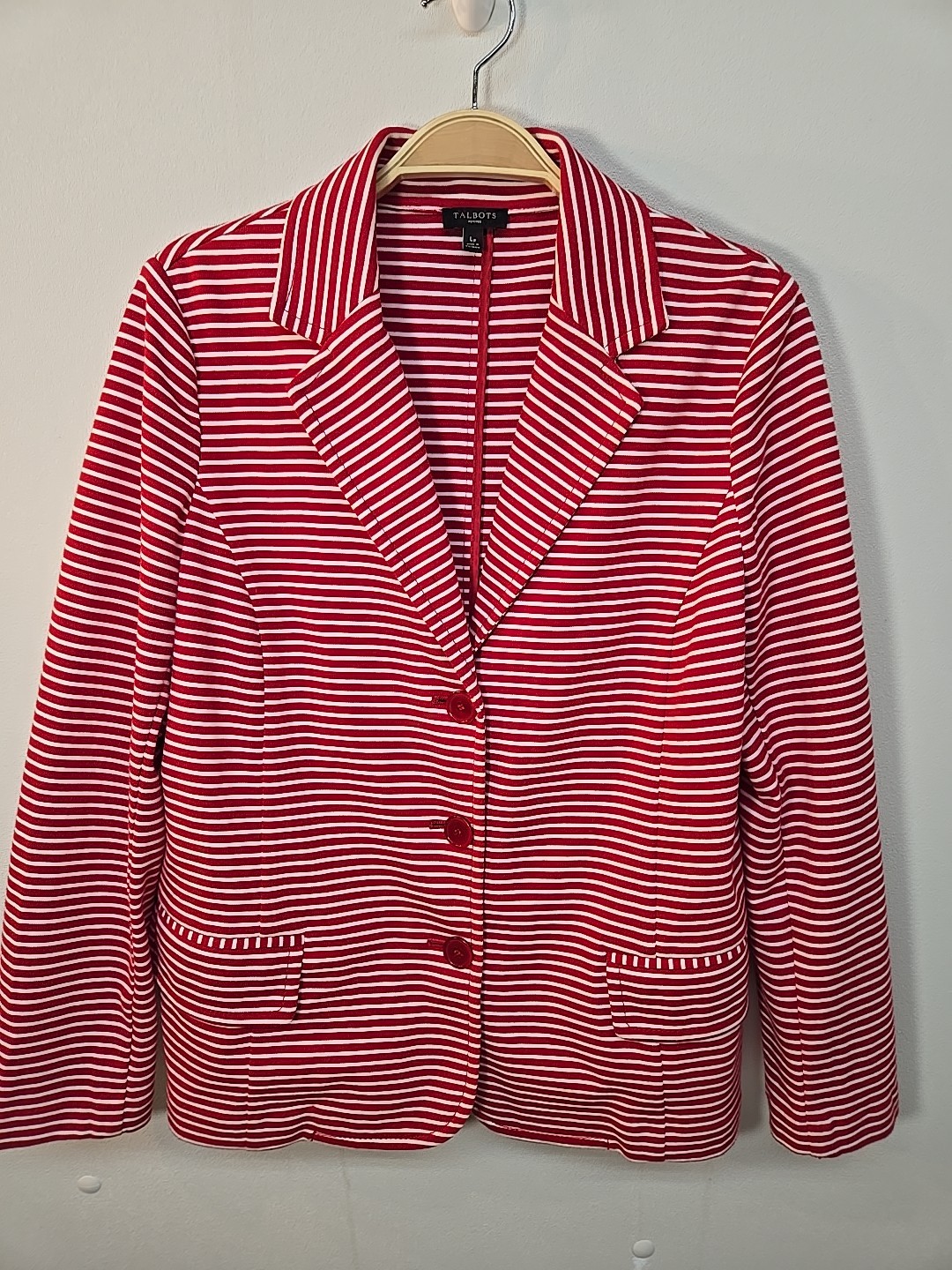 NWOT Talbots Red/ White Striped Blazer Size LP Long Sleeve Pockets Cotton Blend