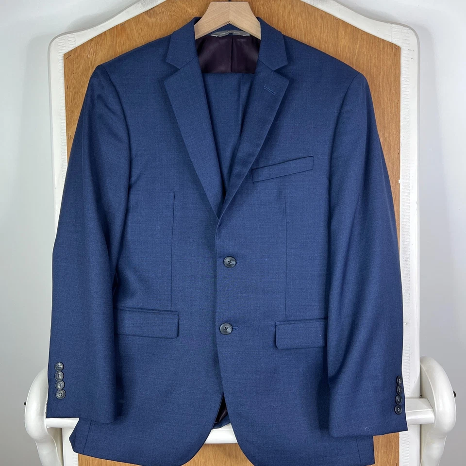 Traje Perry Ellis Para Hombre 38S Azul Marino 2 Botones Mezcla Lana Premium Calce Ajustado 32x27 Foto 2 de 4
