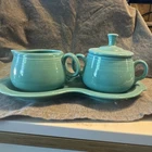 Fiesta Turquoise Ceramic Creamer & Sugar Set with Tray, Glossy Finish, Handles