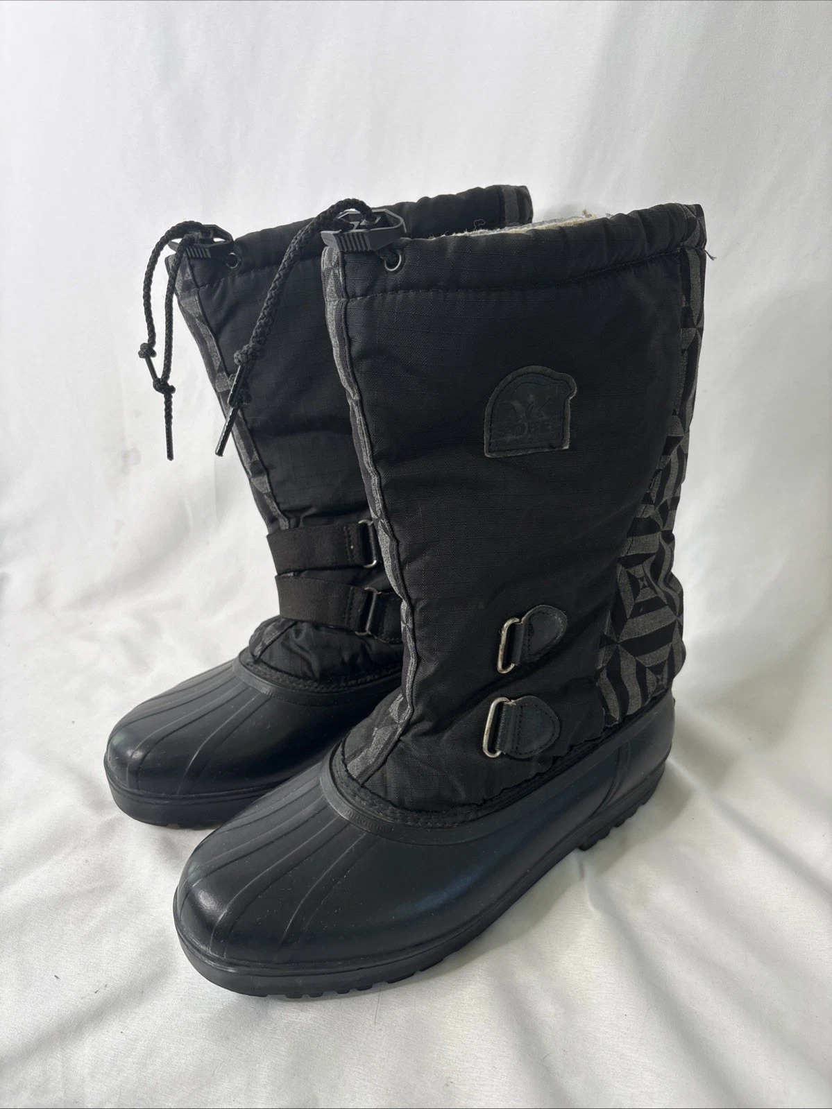 Vtg Sorel Sz 10 Kaufman Canada Black Nylon Winter Snow Boots Cinch Tall w/liner