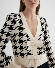 Express Houndstooth V-Neck Bow Cardigan