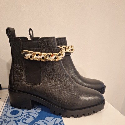 Karl Lagerfeld Womens Golden Chain Strap Porshay Boots Black Leather Size7.5 