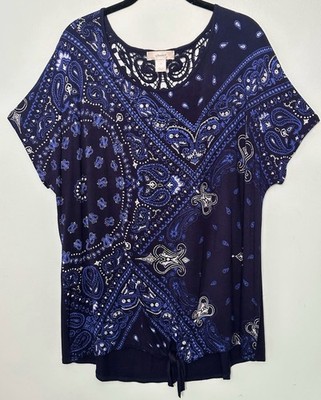 CJ Banks Women's Short Sleeve Top Blue With Embellishments Size 1X  Excellent