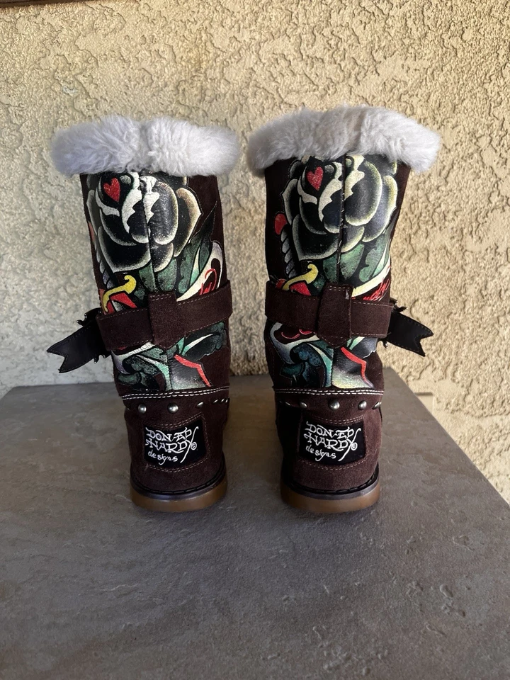 Botas de tatuaje Don Ed Hardy marrón gamuza cuero hebilla talla 5 Foto 3 de 4