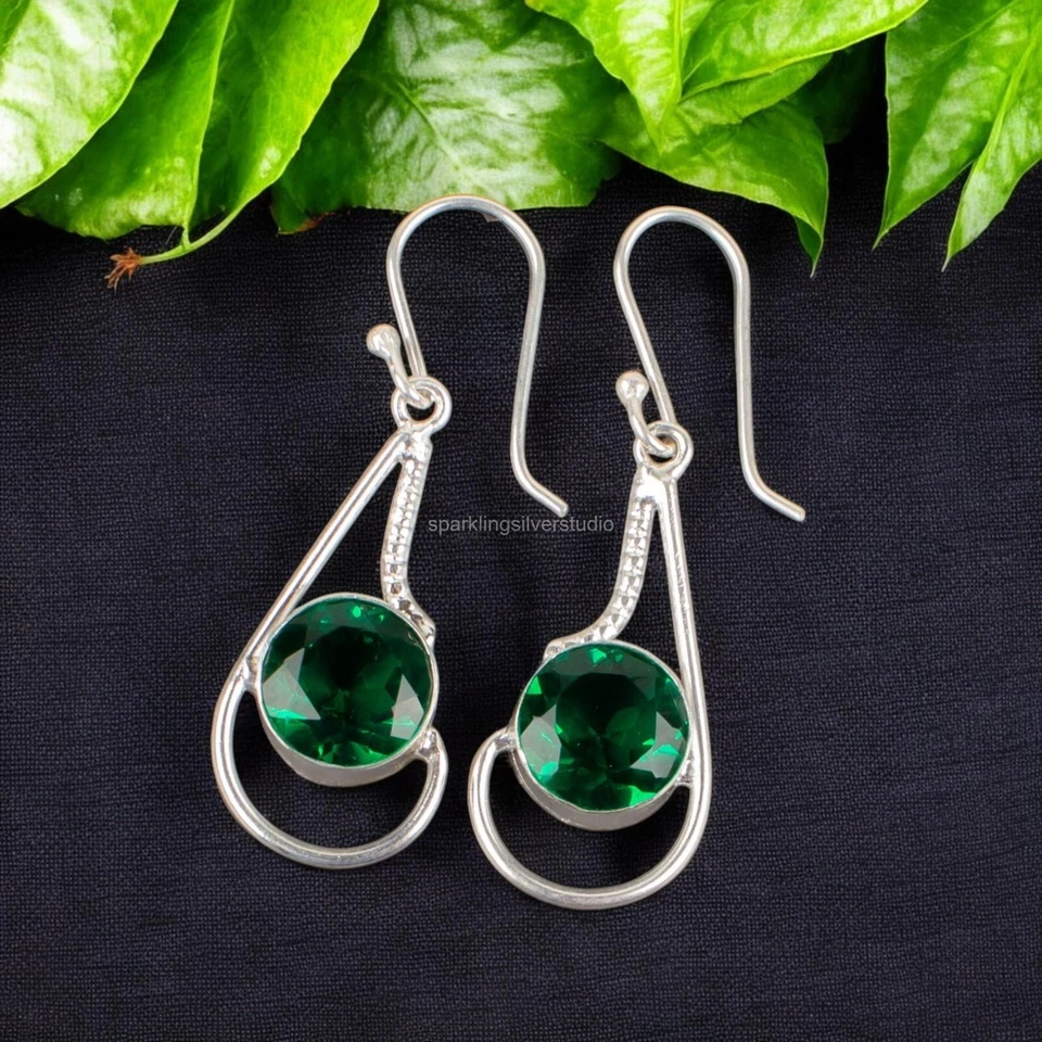 Round Cut Natural Emerald Drop Dangle Elegant Earrings Jewelry Sterling Silver - Image 3 of 4