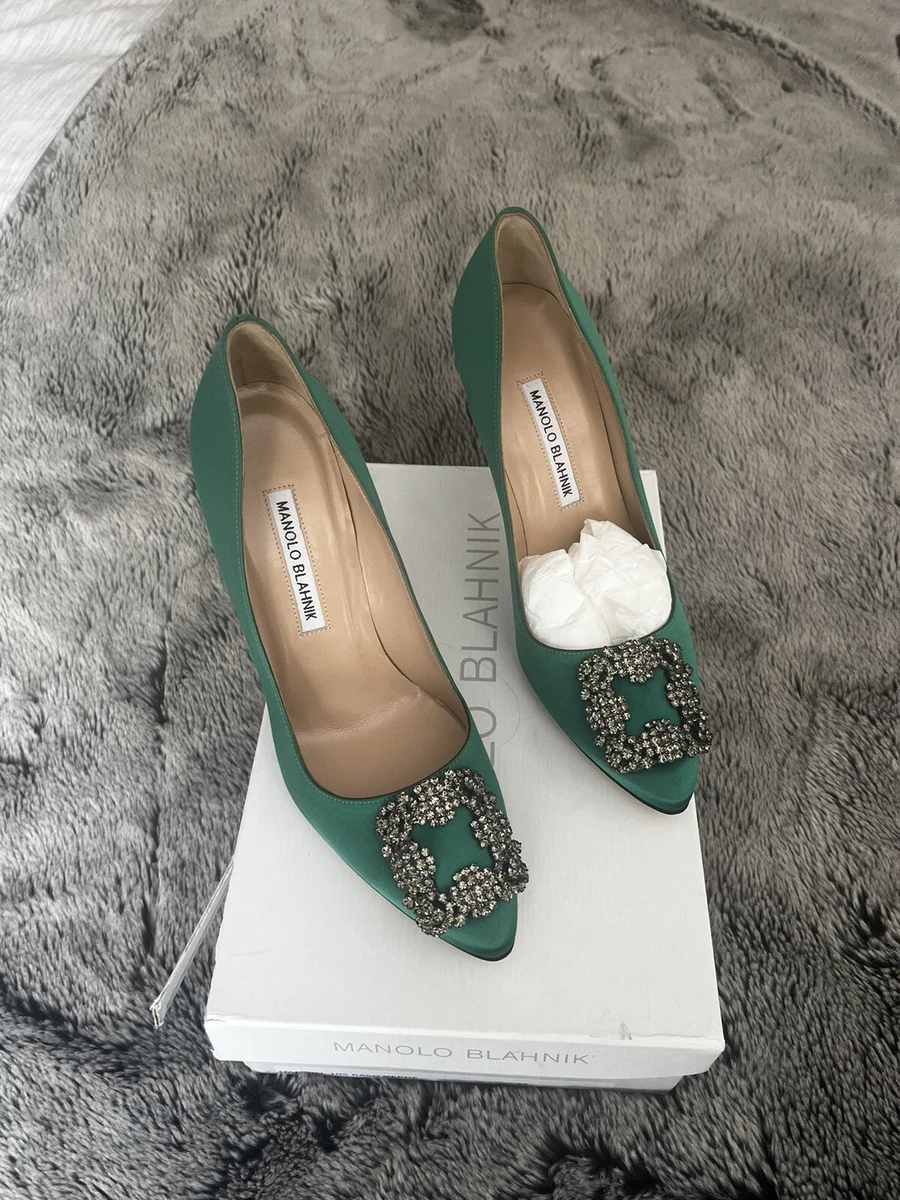 Manolo Blahnik Hangisi Green Satin NEW