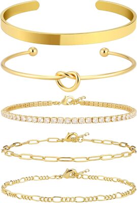 14K Real Gold Plated Bangle Cuff Bracelet Set Gold Beaded  display picture 1