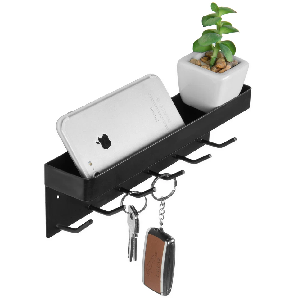 MyGift 6-Hook Wall-Mounted Black Metal Key Holder with Top Shelf - Image 3 of 4