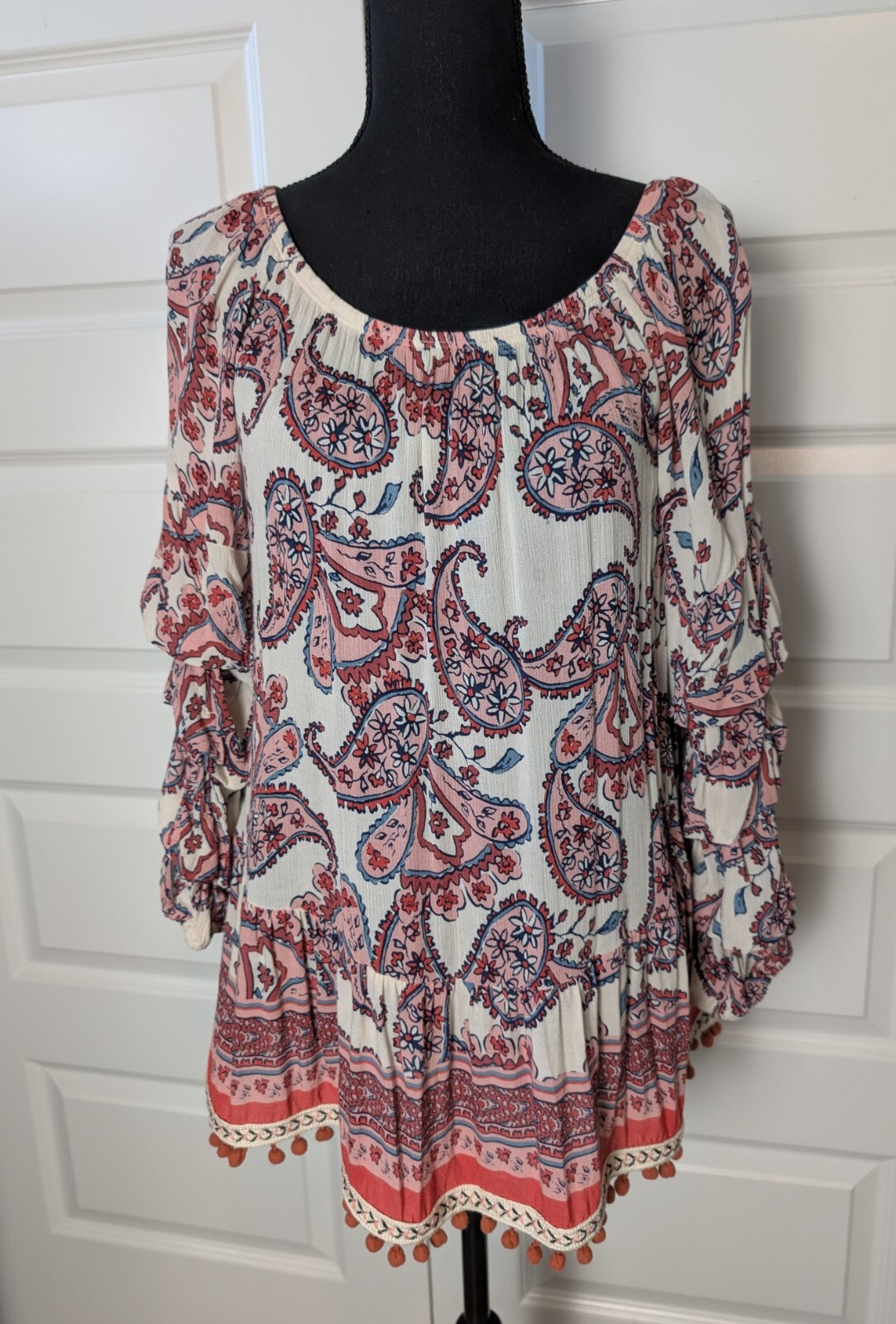 Democracy Women's Paisley Blouse Boho Size S Tiered Sleeve Pom Pom Hem