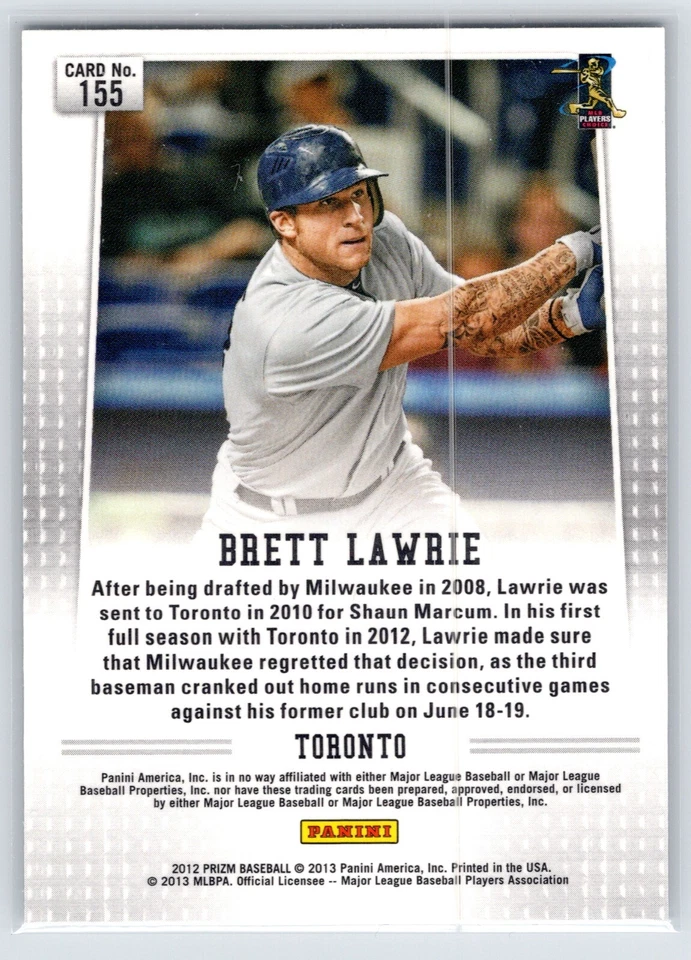2012 Brett Lawrie Rookie Baseball Card #155 Prizm Toronto Blue Jays - Image 2 of 2