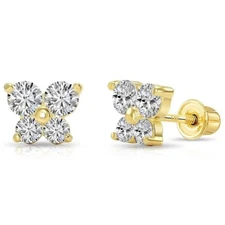 14K Real Solid Gold Dainty Butterfly CZ Sleeper Stud Post Earrings Screw-back