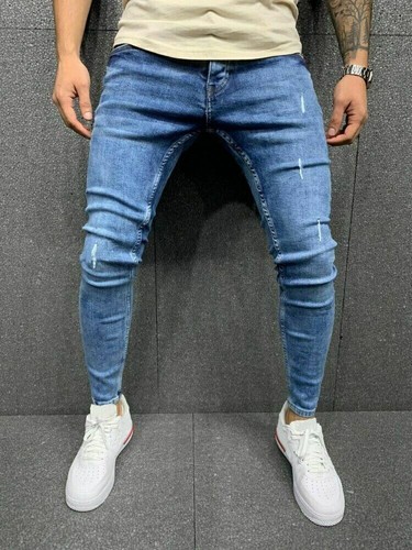Pantalones de mezclilla Ajustados Rasgados Para Hombre azul de moda eBay