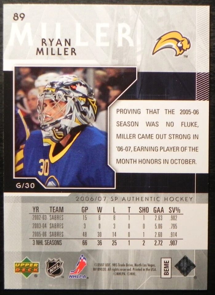 2006-07 06/07 SP Authentic #89 Ryan Miller Buffalo Sabres - Image 2 of 2