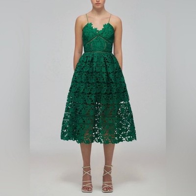 SELF PORTRAIT Green Azaelea Midi Dress Lace Cut Out Size US 4