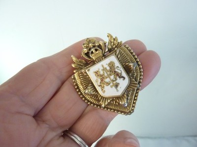 Vintage Heraldic Brooch Pin Gold Tone Royal Crown Crest Lion Sword Enamel Shield