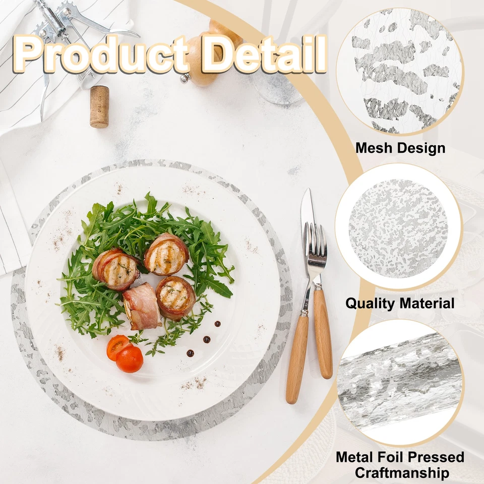 16 Stück silberfarbene runde Einweg-Tischsets, 13" Folien-Netzmatten - Bild 3 von 4