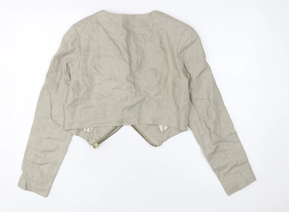 H&M Women’s Beige Linen Cropped Biker Jacket Size 8 - Image 3 of 4