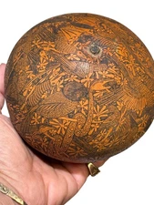 Hand-Carved Peruvian Gourd "Mate Burilado" Signed Moises Huaringa - Etched Folk 