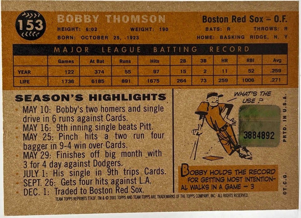 2001 Topps Team Legends - Bobby Thomson - Tarjeta Autógrafo Gigantes Medias Rojas Foto 2 de 2