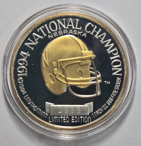1994 NEBRASKA NATIONAL CHAMPION 24KT GOLD SELECT 1 TROY OZ .999 FINE SILVER COIN
