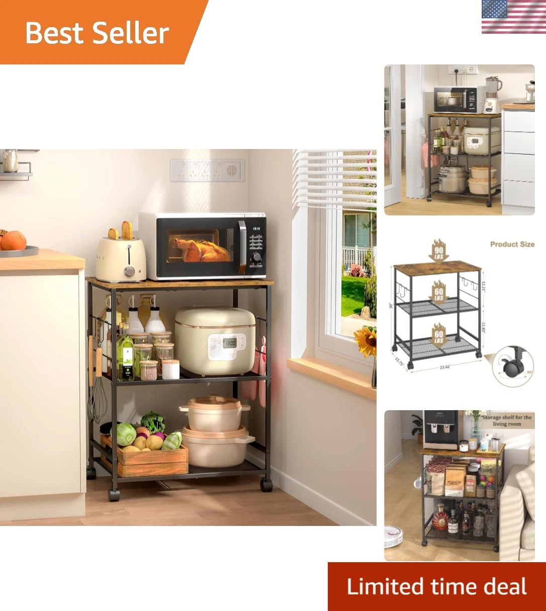 Compact Microwave Cart with Lockable Wheels & S-Hooks – Perfect for Small Spaces