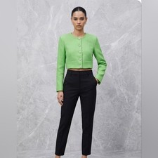ZARA Apple Green Textured Tweed Cropped Blazer Jacket With Jewel Buttons Size XS