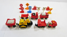 Fisher Price GEOTRAX Trains Lot of 7 Vehicles  9 Accessories Signs Tow Truck