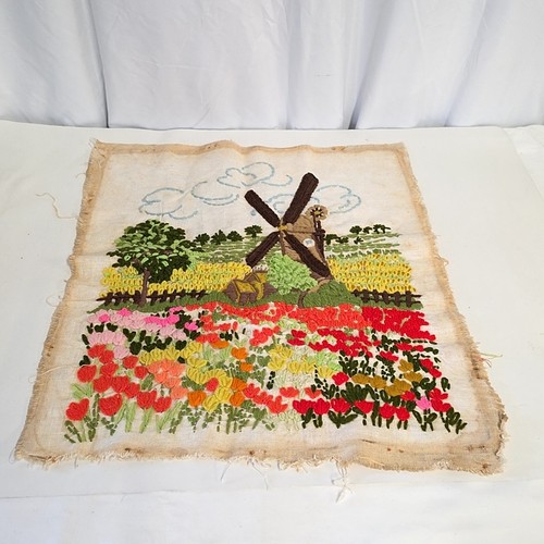 Vintage Crewel Embroidery Dutch Windmill Wildflowers 16 X 19 Cottagecore Farm