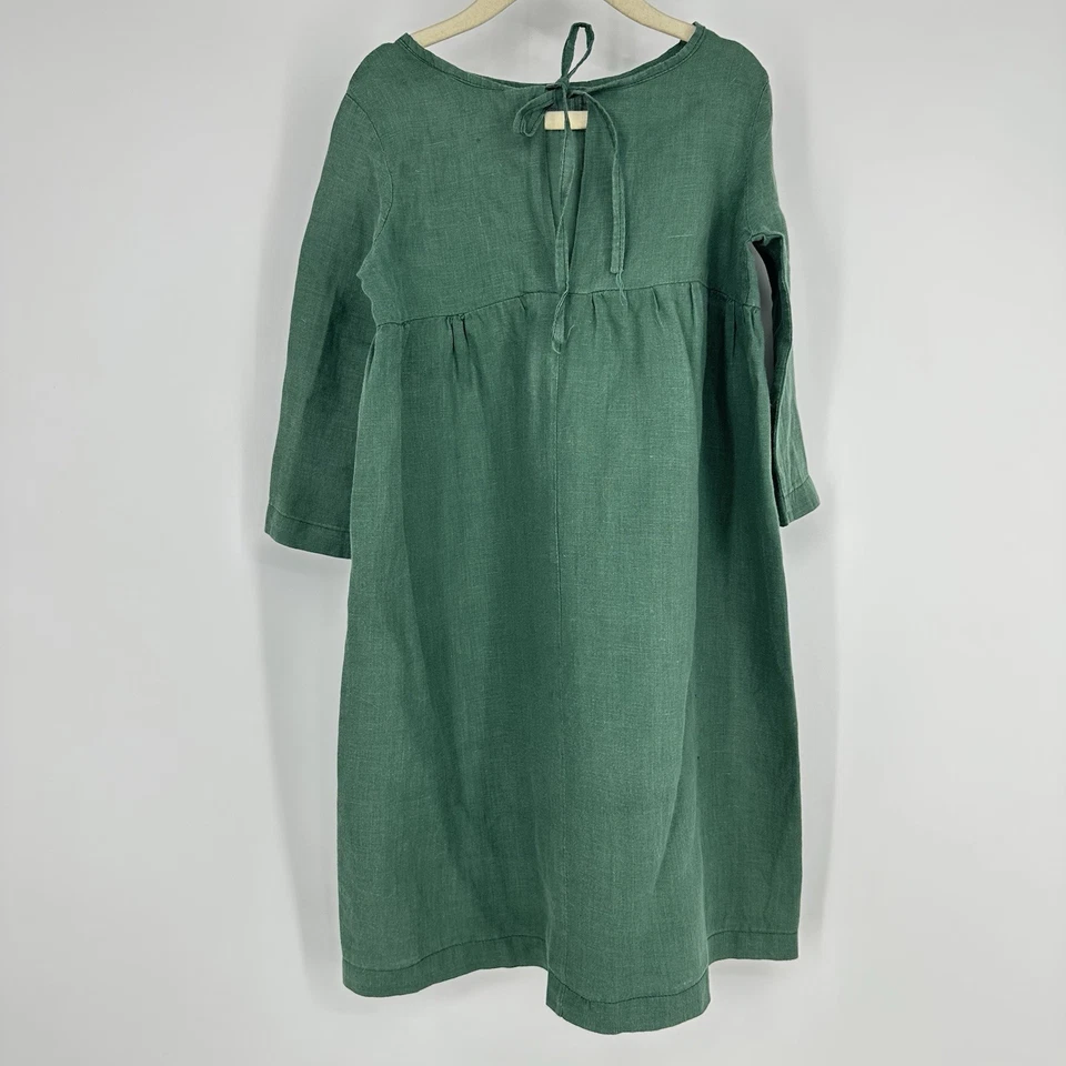 Hand made 100% Linen Girls 4T Midi Dress 3/4 Sleeve Green Cottage Core Boho - Image 2 of 4
