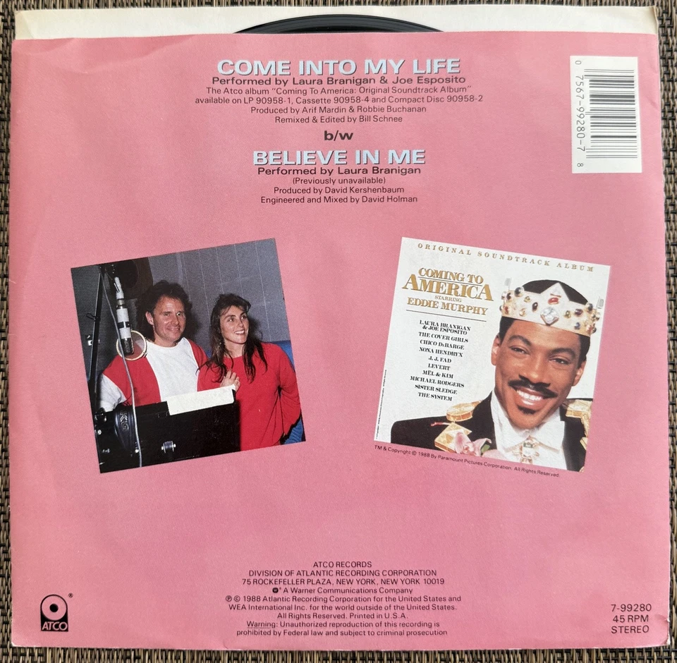 Laura Branigan & Joe Esposito- Come Into My Life/Believe In Me-Atco 7-99280 M PS - Image 2 of 4