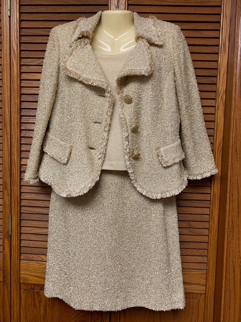 ワンピース sheller gold button box pleated tweed ST. JOHN 8 / 10 WOMENS SPARKLING GOLD SHIMMER BOUCLE KNIT 2