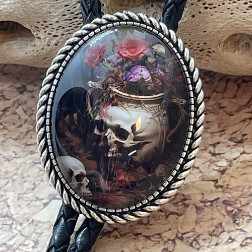 Gothic Skull Rose Witch Leather Bolo Tie Lariat Necklace Wedding Purple Death - Picture 2 of 17