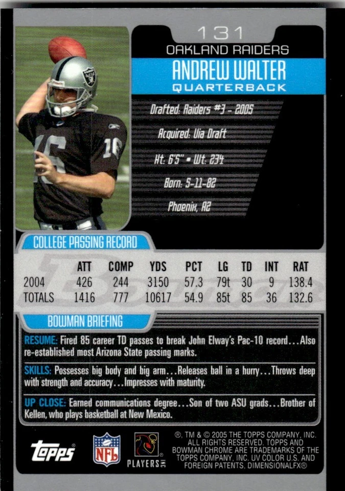 2005 BOWMAN CHROME ROOKIE Andrew Walter Rookie Oakland Raiders #131 - Image 2 of 2
