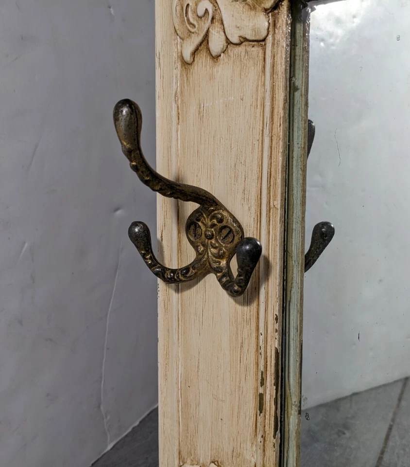 Vintage French Provincial Shabby Chic Cream 3-Panel Wall Mirror w Coat Hooks - Image 4 of 4