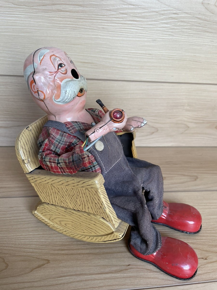 Vintage San Japan Tin Metal Old Man Grandpa Smoking Pipe