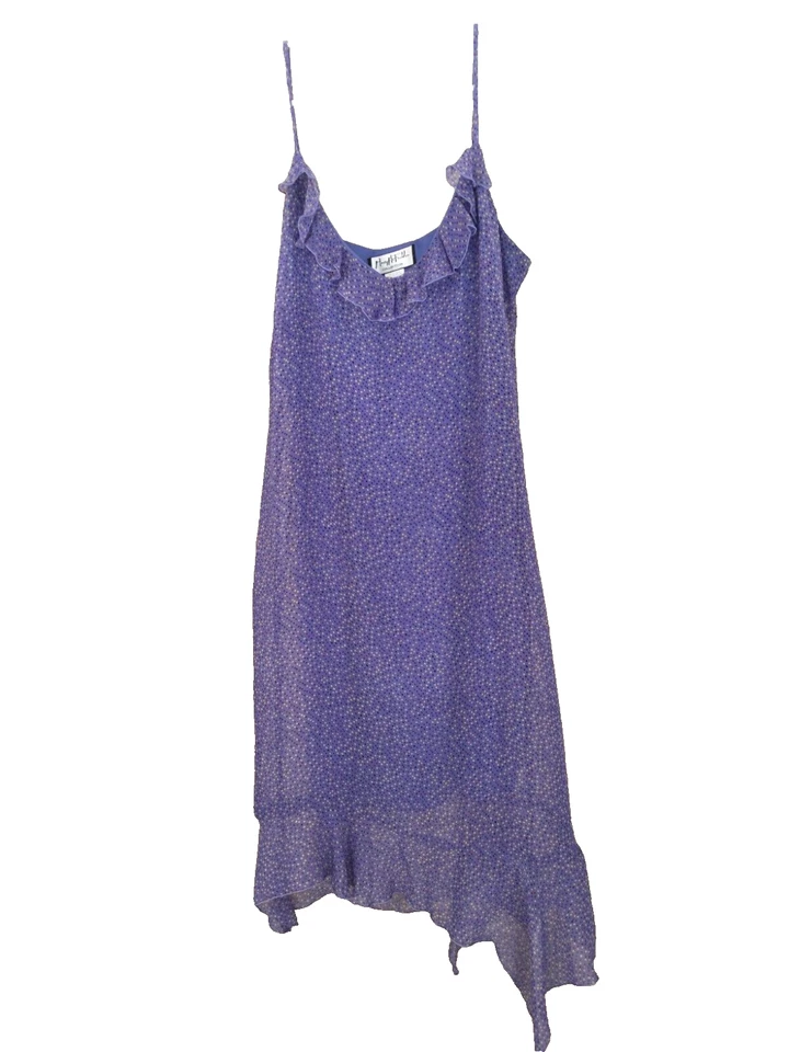 Vestido Mary Mcfadden Verano Sin Mangas Lunares Talla 14 Púrpura Volantes Asimétrico Hada Foto 2 de 4