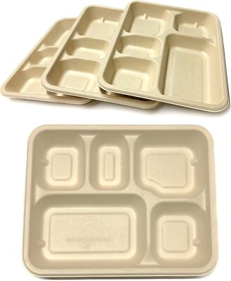 5 Fächer Bagasse rechteckig Tablett kompostierbar biologisch abbaubar mit Deckel