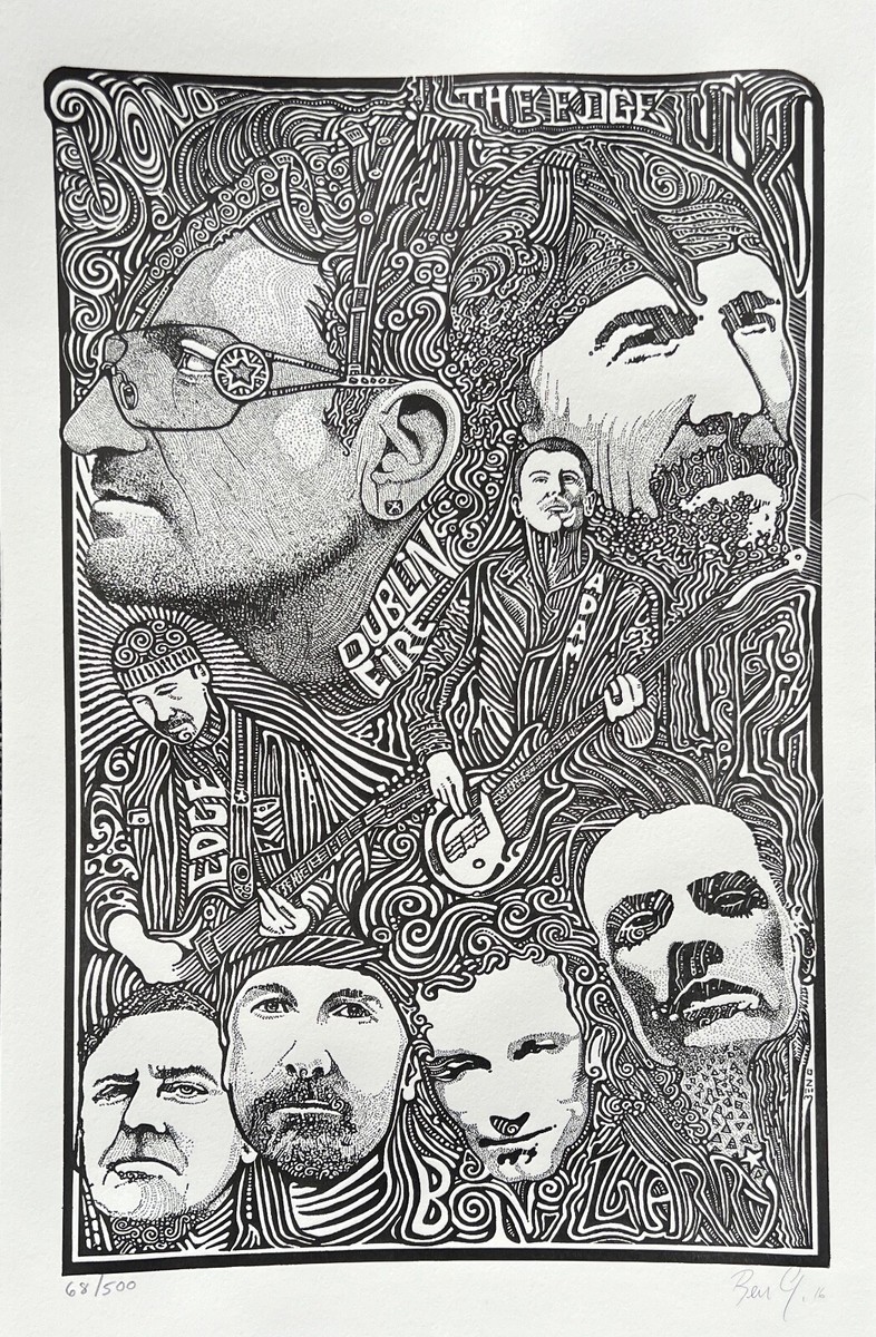 U2 BAND BONO Psychedelic Hand Signed Posterography Letterpress