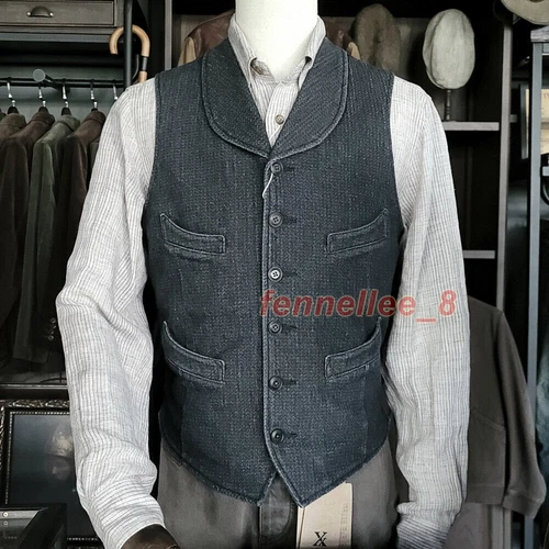Men's Work Vest Shawl Collar Slim Waistcoat Vintage Casual Jacket Pockets Coat - Picture 2 of 17