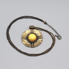 Large Medallion Pendant Necklace Bronze tone Yellow Glass 28"-31" Double Chain