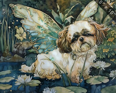 Shih Tzu with ethereal fairy wings and a charming garden 8x10 Print - Main Image