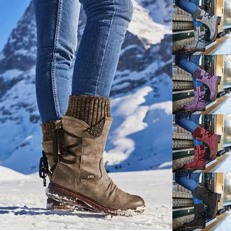 Snowy Waterproof Mid Calf Zipper Boots Casual Knit Adjustable Lace Up Zipper