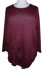 DG2 DIANE GILMAN Womens 2X Ruching Long Sleeve Burgundy Red Black Top 92309 