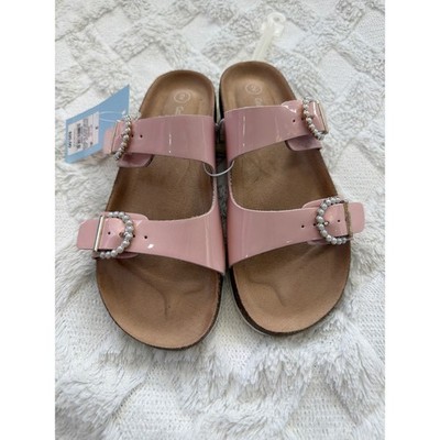 Cat & Jack Youth Girls Pink Patent Pearl Buckle Slide Sandals Size 2 NWT