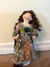 Vintage Porcelain Doll Floral Lace Dress Curly Brown Hair 16in Collectible