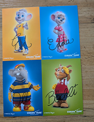 Europa-Park Junior Club Autogrammkarten Set 4 Stück Maskottchen-Motive signiert