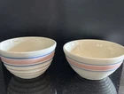 2 Vintage McCoy Pottery Oven Ware Ribbed Mixing Bowl Pink Blue Stripe Ovenware