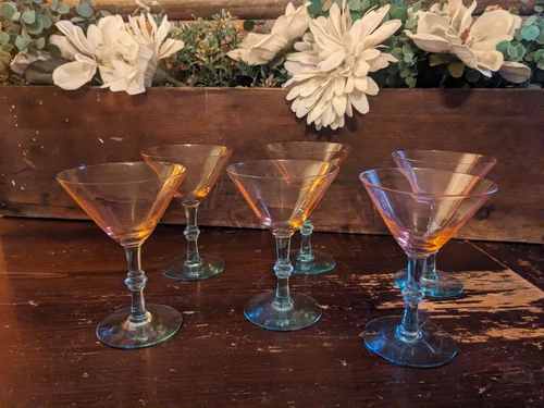 Vintage Morgantown Fondale Pink/Aqua Champagne Coupe Glasses (6)