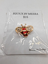 Gold Tone Red Striped Bumble Bee & Rhinestones Accent Brooch NEW-Bijoux By Meer